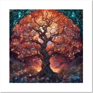 Stained Glass Glowing Gnarled Apple Tree Posters and Art